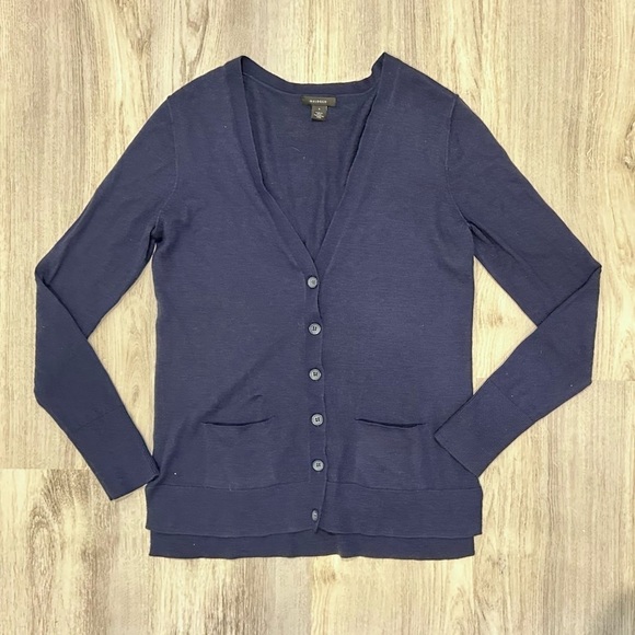 Halogen Navy Blue Merino Wool Acrylic Button Up Cardigan Sweater Pockets Size S - Picture 1 of 6